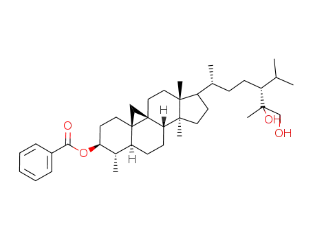 Molecular Structure of 98155-96-5 (Benzoic acid (3S,4S,5S,8S,9S,10R,13R,14S)-17-((1R,4R)-5,6-dihydroxy-4-isopropyl-1,5-dimethyl-hexyl)-4,13,14-trimethyl-tetradecahydro-cyclopropa[9,10]cyclopenta[a]phenanthren-3-yl ester)