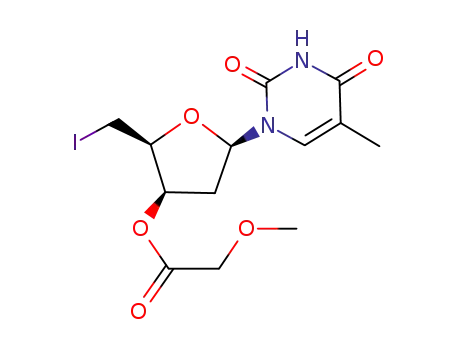 Molecular Structure of 142409-82-3 (Methoxy-acetic acid (2S,3R,5R)-2-iodomethyl-5-(5-methyl-2,4-dioxo-3,4-dihydro-2H-pyrimidin-1-yl)-tetrahydro-furan-3-yl ester)