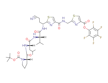 Molecular Structure of 91741-74-1 (2-[({2-[(R)-1-((S)-2-{(S)-2-[((S)-1-tert-Butoxycarbonyl-pyrrolidine-2-carbonyl)-amino]-4-methyl-pentanoylamino}-3-methyl-butyrylamino)-3-cyano-propyl]-thiazole-4-carbonyl}-amino)-methyl]-thiazole-4-carboxylic acid pentafluorophenyl ester)