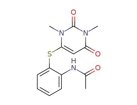Molecular Structure of 74502-69-5 (Acetamide,
N-[2-[(1,2,3,6-tetrahydro-1,3-dimethyl-2,6-dioxo-4-pyrimidinyl)thio]phen
yl]-)