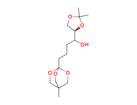 Molecular Structure of 127705-13-9 (1-((R)-2,2-Dimethyl-[1,3]dioxolan-4-yl)-4-(4-methyl-2,6,7-trioxa-bicyclo[2.2.2]oct-1-yl)-butan-1-ol)