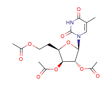 Molecular Structure of 136505-24-3 (Acetic acid (2R,3R,4S,5R)-4-acetoxy-5-(2-acetoxy-ethyl)-2-(5-methyl-2,4-dioxo-3,4-dihydro-2H-pyrimidin-1-yl)-tetrahydro-furan-3-yl ester)