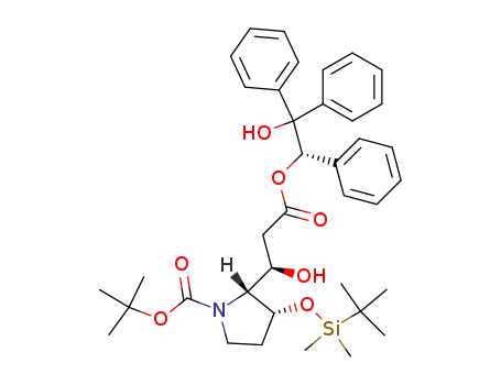 Molecular Structure of 108998-79-4 ((2R,3R)-3-(tert-Butyl-dimethyl-silanyloxy)-2-[(R)-1-hydroxy-2-((S)-2-hydroxy-1,2,2-triphenyl-ethoxycarbonyl)-ethyl]-pyrrolidine-1-carboxylic acid tert-butyl ester)
