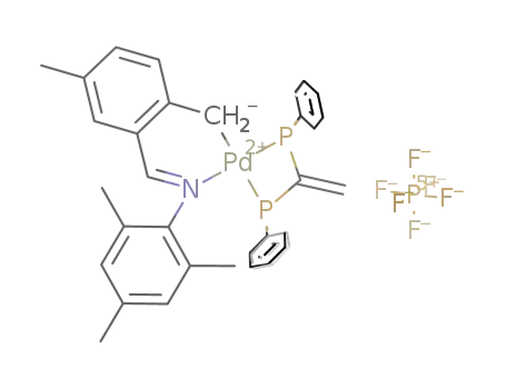 [Pd(1-CH<sub>2</sub>-2-(HC=N(2,4,6-Me<sub>3</sub>C<sub>6</sub>H<sub>2</sub>))-4-MeC<sub>6</sub>H<sub>3</sub>-C,N)(Ph<sub>2</sub>PC(=CH<sub>2</sub>)PPh<sub>2</sub>-P,P)][PF<sub>6</sub>]