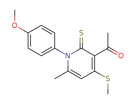 Molecular Structure of 90097-30-6 (1-[1-(4-methoxyphenyl)-6-methyl-4-(methylsulfanyl)-2-thioxo-1,2-dihydro-3-pyridinyl]ethanone)