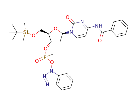 Molecular Structure of 116872-52-7 (Methyl-phosphonic acid benzotriazol-1-yl ester (2R,3S,5R)-5-(4-benzoylamino-2-oxo-2H-pyrimidin-1-yl)-2-(tert-butyl-dimethyl-silanyloxymethyl)-tetrahydro-furan-3-yl ester)