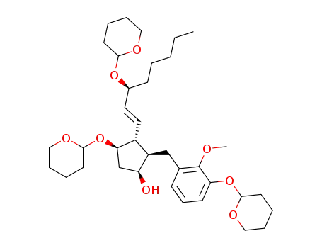 Molecular Structure of 93292-79-6 ((1S,2R,3R,4R)-2-[2-Methoxy-3-(tetrahydro-pyran-2-yloxy)-benzyl]-4-(tetrahydro-pyran-2-yloxy)-3-[(E)-(S)-3-(tetrahydro-pyran-2-yloxy)-oct-1-enyl]-cyclopentanol)