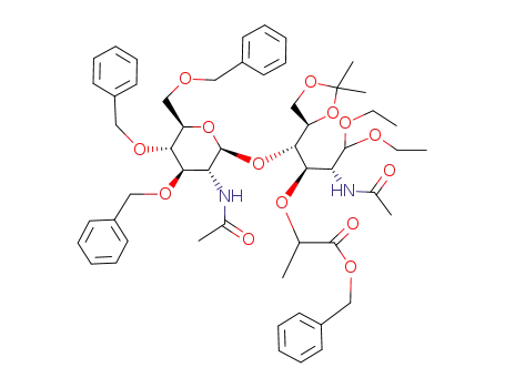 Molecular Structure of 77120-45-7 (2-{(1R,2R)-2-Acetylamino-1-[(S)-((2S,3R,4R,5S,6R)-3-acetylamino-4,5-bis-benzyloxy-6-benzyloxymethyl-tetrahydro-pyran-2-yloxy)-((R)-2,2-dimethyl-[1,3]dioxolan-4-yl)-methyl]-3,3-diethoxy-propoxy}-propionic acid benzyl ester)