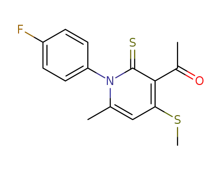Molecular Structure of 90097-31-7 (1-[1-(4-Fluoro-phenyl)-6-methyl-4-methylsulfanyl-2-thioxo-1,2-dihydro-pyridin-3-yl]-ethanone)