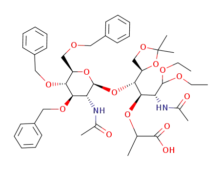 Molecular Structure of 70279-98-0 (2-{(1R,2R)-2-Acetylamino-1-[(S)-((2S,3R,4R,5S,6R)-3-acetylamino-4,5-bis-benzyloxy-6-benzyloxymethyl-tetrahydro-pyran-2-yloxy)-((R)-2,2-dimethyl-[1,3]dioxolan-4-yl)-methyl]-3,3-diethoxy-propoxy}-propionic acid)