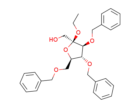 Molecular Structure of 136773-89-2 (((2R,3S,4R,5R)-3,4-Bis-benzyloxy-5-benzyloxymethyl-2-ethoxy-tetrahydro-furan-2-yl)-methanol)