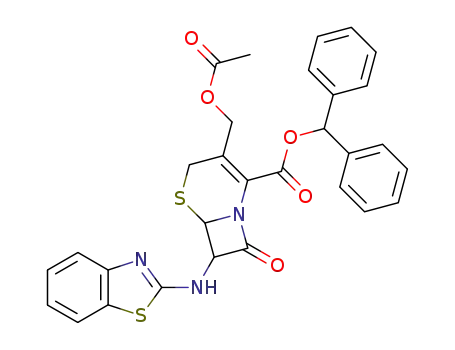 Molecular Structure of 124831-28-3 (3-Acetoxymethyl-7-(benzothiazol-2-ylamino)-8-oxo-5-thia-1-aza-bicyclo[4.2.0]oct-2-ene-2-carboxylic acid benzhydryl ester)