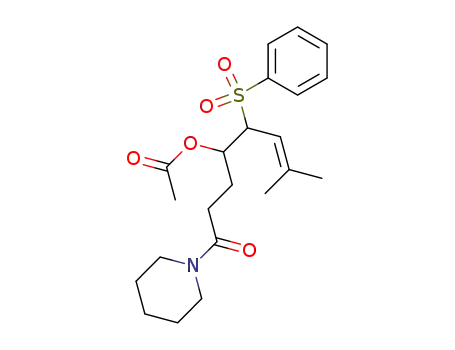 Molecular Structure of 104683-08-1 (Piperidine,
1-[4-(acetyloxy)-7-methyl-1-oxo-5-(phenylsulfonyl)-6-octenyl]-)