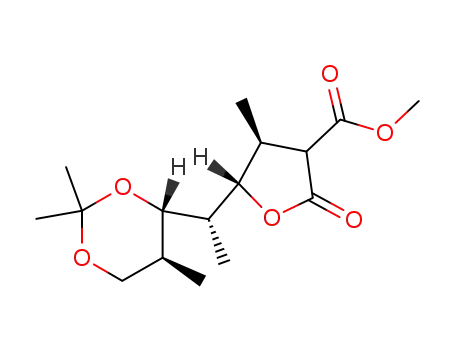 Molecular Structure of 112452-67-2 (3-Furancarboxylic acid,
tetrahydro-4-methyl-2-oxo-5-[1-(2,2,5-trimethyl-1,3-dioxan-4-yl)ethyl]-,
methyl ester)