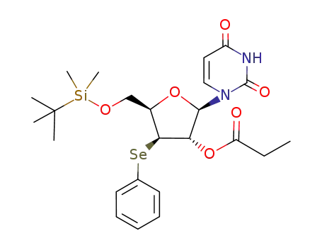 Molecular Structure of 134100-05-3 (Propionic acid (2R,3S,4S,5R)-5-(tert-butyl-dimethyl-silanyloxymethyl)-2-(2,4-dioxo-3,4-dihydro-2H-pyrimidin-1-yl)-4-phenylselanyl-tetrahydro-furan-3-yl ester)