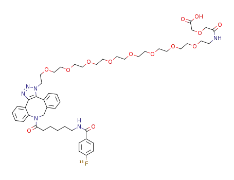 Molecular Structure of 1341223-27-5 (32-(8-(6-(4-[18F]fluorobenzamido)hexanoyl)-8,9-dihydro-1H-dibenzo[b,f][1,2,3]triazolo-[4,5-d]azocin-1-yl)-5-oxo-3,9,12,15,18,21,24,27,30-nonaoxa-6-azadotriacontan-1-oic acid)