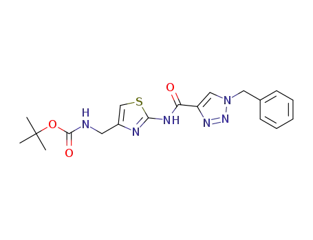 Molecular Structure of 1341129-91-6 (tert-butyl (2-(1-benzyl-1H<sub>1</sub>,2,3-triazole-4-carboxamido)thiazol-4-yl)methylcarbamate)