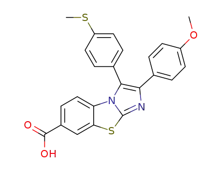 Molecular Structure of 1370409-52-1 (2-(4-methoxyphenyl)-3-[4-(methylsulfanyl) phenyl]imidazo[2,1-b][1,3]benzothiazole-7-carboxylic acid)