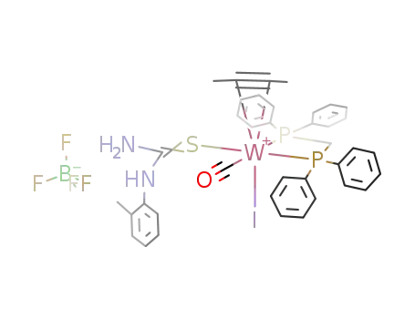 {WI(carbonyl)(SC(NH2)(NHPh-o-Me))(dppm)(η2-but-2-yne)}{tetrafluoroborate}