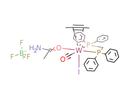{WI(carbonyl)(OC(NH2)Me)(dppm)(η2-but-2-yne)}{tetrafluoroborate}