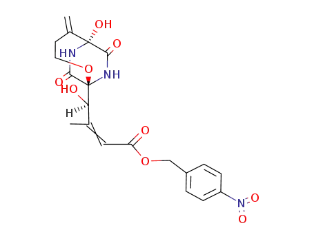 Molecular Structure of 71994-02-0 ((2Ξ,4<i>S</i>)-4-hydroxy-4-((1<i>S</i>)-6-hydroxy-5-methylene-8,10-dioxo-2-oxa-7,9-diaza-bicyclo[4.2.2]dec-1-yl)-3-methyl-but-2-enoic acid 4-nitro-benzyl ester)