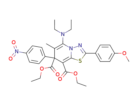 Molecular Structure of 64874-30-2 (7H-1,3,4-Thiadiazolo[3,2-a]pyridine-7,8-dicarboxylic acid,
5-(diethylamino)-2-(4-methoxyphenyl)-6-methyl-7-(4-nitrophenyl)-,
diethyl ester)