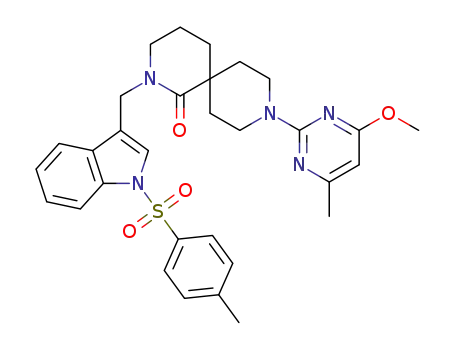 Molecular Structure of 1373766-36-9 (9-(4-methoxy-6-methylpyrimidin-2-yl)-2-((1-tosyl-1H-indol-3-yl)methyl)-2,9-diazaspiro[5.5]undecan-1-one)