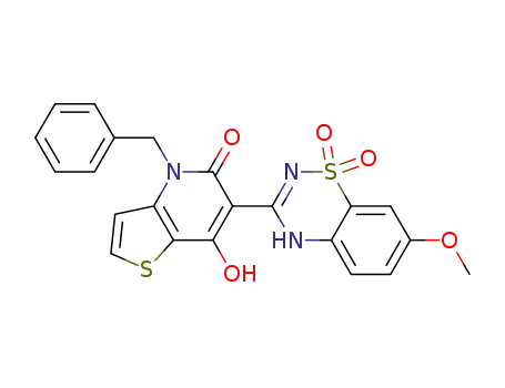 Molecular Structure of 686268-27-9 (4-benzyl-7-hydroxy-6-(7-methoxy-1,1-dioxido-4H-1,2,4-benzothiadiazin-3-yl)thieno[3,2-b]pyridin-5(4H)-one)