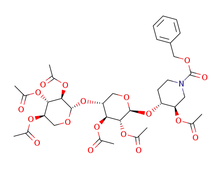 Molecular Structure of 1323207-94-8 (benzyl (3R,4R)-4-acetoxy-3-[tri-O-acetyl-β-D-xylopyranosyl-(1->4)-di-O-acetyl-β-D-xylosyloxy]piperidine-1-carboxylate)
