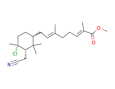 Molecular Structure of 67537-00-2 (2,6-Octadienoic acid,
8-[4-chloro-3-(cyanomethyl)-2,2,4-trimethylcyclohexyl]-2,6-dimethyl-,
methyl ester)
