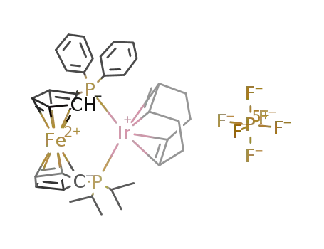 Ir(C<sub>8</sub>H<sub>12</sub>)(Fe(C<sub>5</sub>H<sub>4</sub>P(C<sub>3</sub>H<sub>7</sub>)2)(C<sub>5</sub>H<sub>4</sub>P(C<sub>6</sub>H<sub>5</sub>)2))<sup>(1+)</sup>*PF<sub>6</sub><sup>(1-)</sup> = [Ir(C<sub>8</sub>H<sub>12</sub>)(Fe(C<sub>5</sub>H<sub>4</sub>P(C<sub>3</sub>H<sub>7</sub>)2)(C<sub>5</sub>H<sub>4</sub>P(C<sub>6</sub>H<sub>5</sub>)2))]PF<sub>6</sub>
