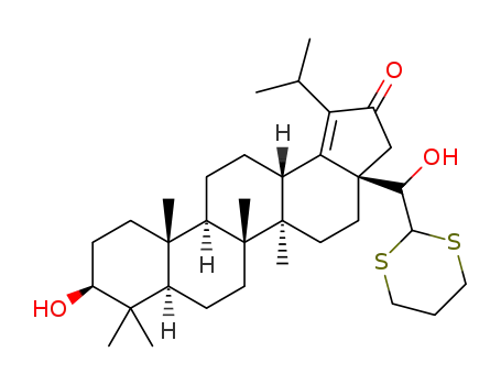 Molecular Structure of 1326311-91-4 ((3aR,5aR,5bR,7aR,9S,11aR,11bR,13aS)-3a-((1,3-dithian-2-yl)(hydroxy)methyl)-9-hydroxy-1-isopropyl-5a,5b,8,8,11a-pentamethyl-3,3a,4,5,5a,5b,6,7,7a,8,9,10,11,11a,11b,12,13,13a-octadecahydro-2H-cyclopenta[a]chrysen-2-one)