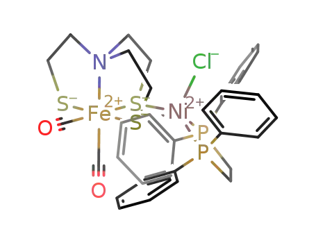 Molecular Structure of 250275-84-4 ([(Fe(N(CH<sub>2</sub>CH<sub>2</sub>S)3)(CO)2-S,S')NiCl(dppe)])