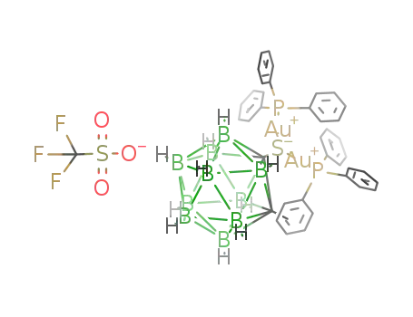 Au<sub>2</sub>(SCB<sub>10</sub>H<sub>10</sub>CCH<sub>3</sub>)(P(C<sub>6</sub>H<sub>5</sub>)3)2<sup>(1+)</sup>*O<sub>3</sub>SCF<sub>3</sub><sup>(1-)</sup> = [Au<sub>2</sub>(SCB<sub>10</sub>H<sub>10</sub>CCH<sub>3</sub>)(P(C<sub>6</sub>H<sub>5</sub>)3)2](O<sub>3</sub>SCF<sub>3</sub>)