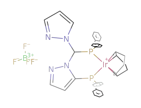 Molecular Structure of 659723-44-1 ([Ir(COD)((5-diphenylphosphanylpyrazol-1-yl)(diphenylphosphanyl)(pyrazol-1-yl)methane)]BF<sub>4</sub>)