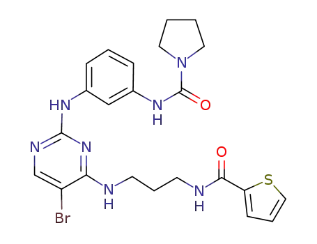 Molecular Structure of 702675-42-1 (N-(3-(5-Bromo-4-(3-(thiophene-2-carboxamido)propylamino)pyrimidin-2-ylamino)phenyl)pyrrolidine-1-carboxamide)