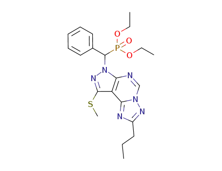 Molecular Structure of 1173091-30-9 (diethyl [(9-methylsulfanyl-2-propyl-pyrazolo[4,3-e]-1,2,4-triazolo[1,5-c]pyrimidin-7-yl)-benzyl]phosphonate)