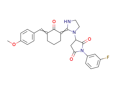Molecular Structure of 1415655-09-2 (3-{2-[3-(4-methoxybenzylidene)-2-oxocyclohexylidene]imidazolidin-1-yl}-1-(3-fluorophenyl)pyrrolidine-2,5-dione)