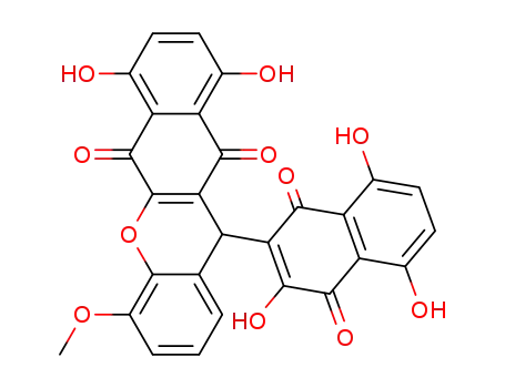 Molecular Structure of 1214989-94-2 (7,10-dihydroxy-4-methoxy-12-(3,5,8-trihydroxy-1,4-dioxo-1,4-dihydro-2-naphthyl)-12H-benzo[b]xanthene-6,11-dione)