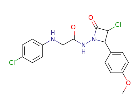 Molecular Structure of 93548-75-5 (Acetamide,
N-[3-chloro-2-(4-methoxyphenyl)-4-oxo-1-azetidinyl]-2-[(4-chlorophenyl)
amino]-)