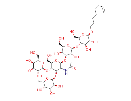 Molecular Structure of 1459246-79-7 (7-octen-1-yl β-D-galactopyranosyl-(1→4)-[α-L-fucopyranosyl-(1→3)]-2-acetamido-2-deoxy-β-D-glucopyranosyl-(1→3)-β-D-galactopyranosyl-(1→4)-β-D-glucopyranoside)