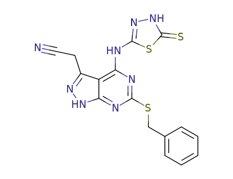 2-[6-(benzylsulfanyl)-4-(5-mercapto-1,3,4-thiadiazol-2-ylamino)-1H-pyrazolo[3,4-d]pyrimidin-3-yl]acetonitrile