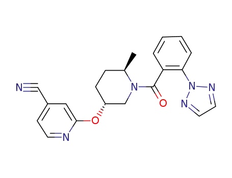 Molecular Structure of 1431472-54-6 (2-{[(3R,6R)-6-methyl-1-{[2-(2H-1,2,3-triazol-2-yl)phenyl]carbonyl}piperidin-3-yl]oxy}pyridine-4-carbonitrile)