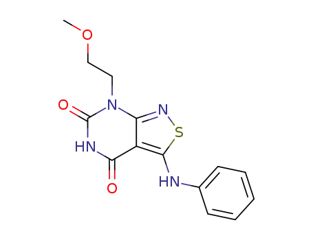 Molecular Structure of 60663-80-1 (7-(2-methoxyethyl)-3-(phenylamino)[1,2]thiazolo[3,4-d]pyrimidine-4,6(5H,7H)-dione)
