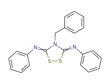 Molecular Structure of 55000-06-1 (Benzenamine,
N,N'-[4-(phenylmethyl)-1,2,4-dithiazolidine-3,5-diylidene]bis-)