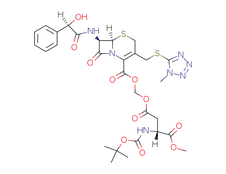 Molecular Structure of 70606-86-9 (<i>N</i>-<i>tert</i>-butoxycarbonyl-<i>L</i>-aspartic acid 4-[(6<i>R</i>)-7<i>t</i>-((<i>R</i>)-2-hydroxy-2-phenyl-acetylamino)-3-(1-methyl-1<i>H</i>-tetrazol-5-ylsulfanylmethyl)-8-oxo-(6<i>r</i><i>H</i>)-5-thia-1-aza-bicyclo[4.2.0]oct-2-ene-2-carbonyloxymethyl] ester 1-methyl ester)