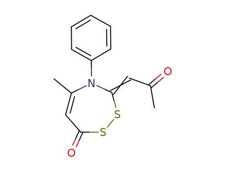 Molecular Structure of 60728-82-7 (7H-1,2,4-Dithiazepin-7-one,
3,4-dihydro-5-methyl-3-(2-oxopropylidene)-4-phenyl-)
