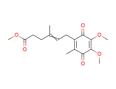 Molecular Structure of 50741-59-8 (4-Hexenoic acid,
6-(4,5-dimethoxy-2-methyl-3,6-dioxo-1,4-cyclohexadien-1-yl)-4-methyl-,
methyl ester)
