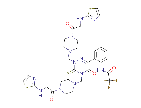 2,2,2-Trifluoro-N-[2-(5-oxo-2,4-bis-{4-[2-(thiazol-2-ylamino)-acetyl]-piperazin-1-ylmethyl}-3-thioxo-2,3,4,5-tetrahydro-[1,2,4]triazin-6-yl)-phenyl]-acetamide