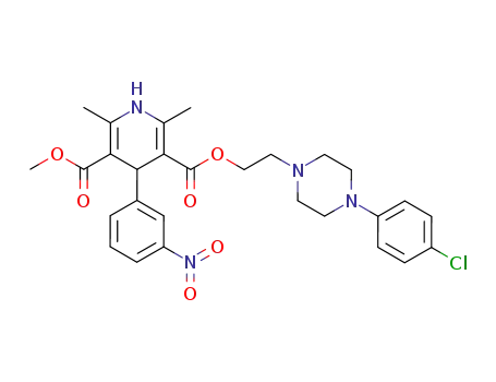 Molecular Structure of 90095-95-7 (3,5-Pyridinedicarboxylic acid,
1,4-dihydro-2,6-dimethyl-4-(3-nitrophenyl)-,
2-[4-(4-chlorophenyl)-1-piperazinyl]ethyl methyl ester)